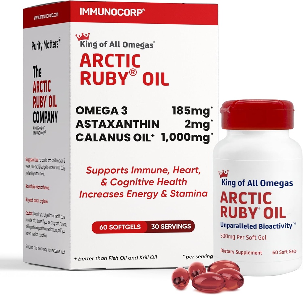 Arctic Ruby Oil 1000mg – Omega 3 Supplement for Women and Men with EPA, DHA & Astaxanthin 2mg - Fish & Krill Oil Alternative – 60 Softgels (1 Pack)