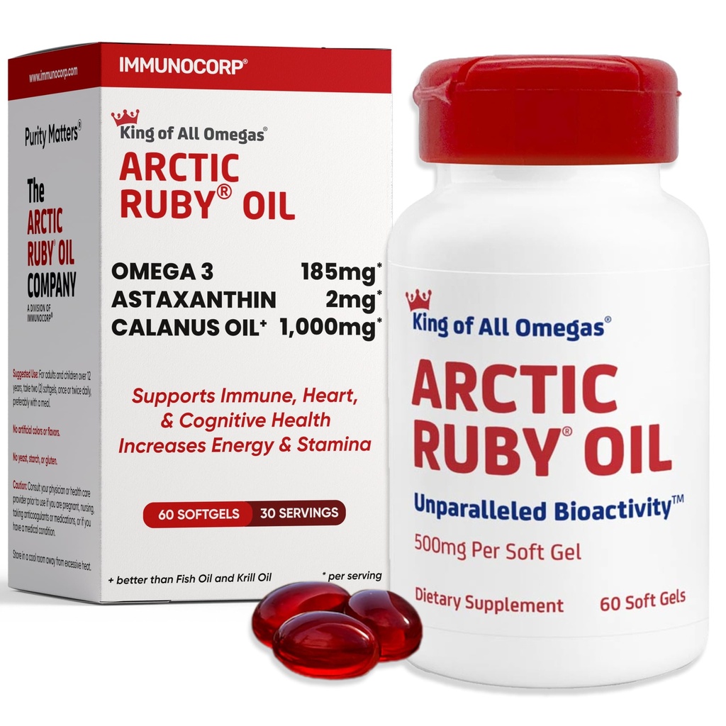 Arctic Ruby Oil 1000mg – Supplément Oméga 3 pour les femmes et les hommes avec EPA, DHA et Astaxanthin 2mg - Fish & Krill Oil Alternative – 60 Softgels (1 Pack)
