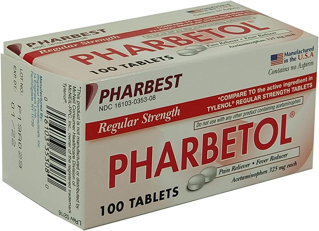 Pharbetol Acétaminophène 325mg Force régulière, soulagement de la douleur, Comprimés réducteurs de fièvre, 100 Nombre (paquet de 1)