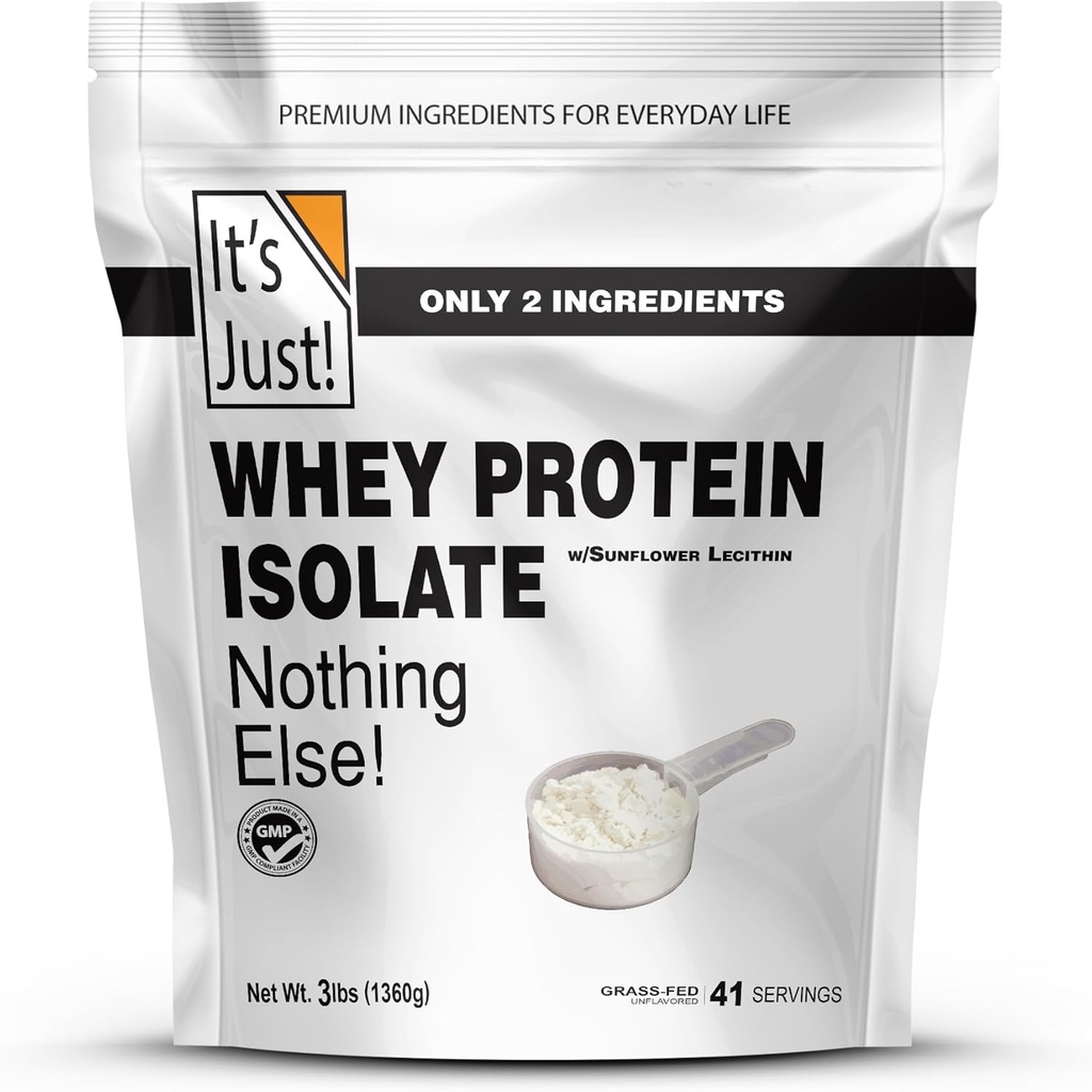 C'est juste! - Whey Protein Isolate, Ultra Premium Grass-Fed, Non aromatisé, Fabriqué aux États-Unis, Pure 90% Protéine, seulement 1g de glucides, Pas de sucre ajouté (3 livres)