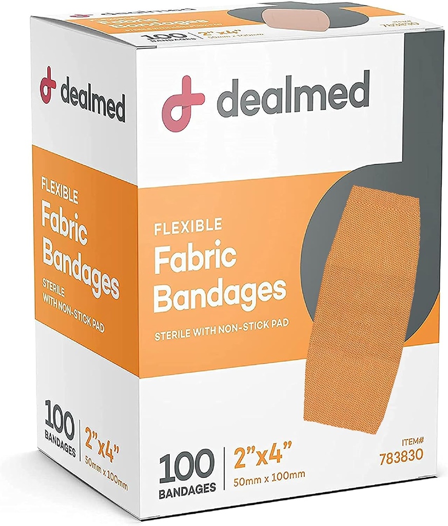Bandes adhésives flexibles en tissu avec Pad non-collé, sans latex, soin de la plaie pour trousse de premiers soins, 2" x 4" (boîte de 100)