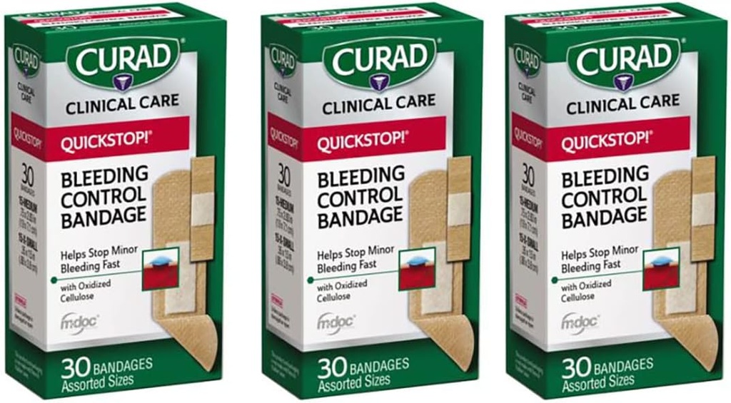 Curad Quickstop Flex-Fabric Bandages, Technologie de contrôle de saignement Quickstop, Tailles assorties, 30 Compte (paquet de 3)