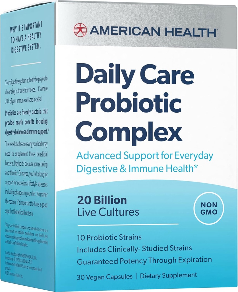 AMERICAN HEALTH Daily Care Probiotic Complex, 20 Billion Microorganisms - Clinically Studied Strains - Advanced Support for Everyday Digestive & Immune Health - 30 Capsules, 30 Total Servings