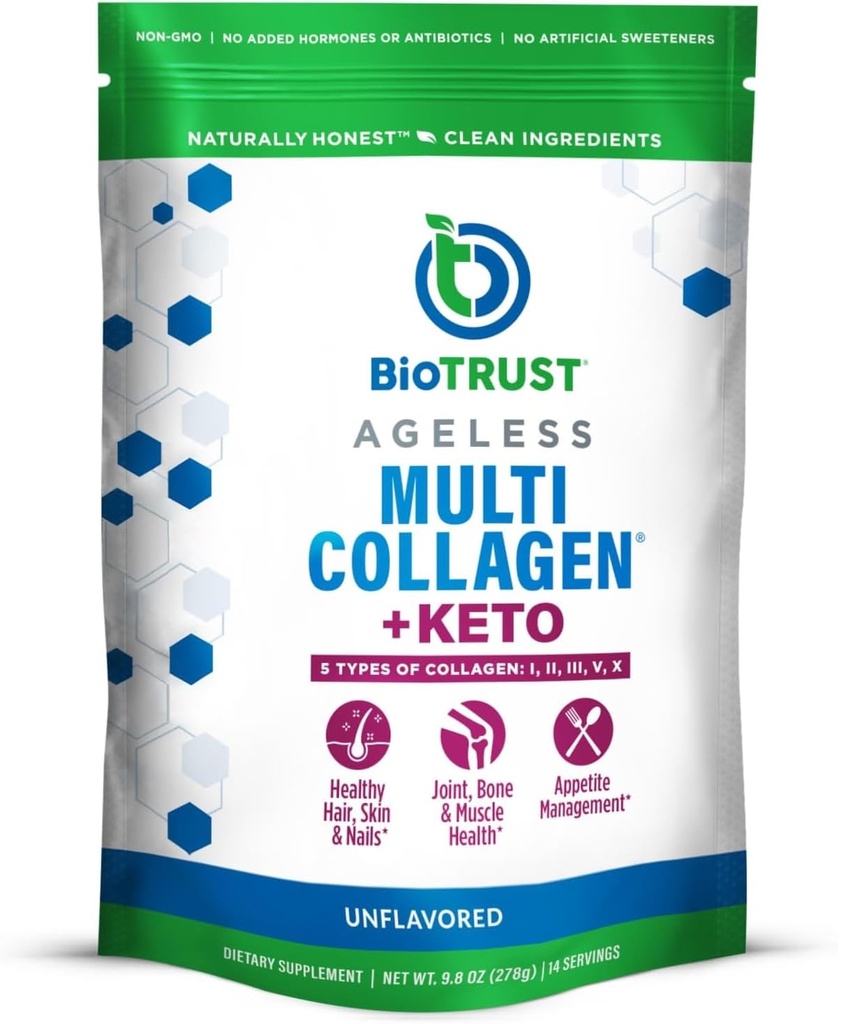 BioTrust Multi Collagen Protein Powder + Keto MCT Oil – 5 Types (I, II, III, V, X) & 100% Caprylic Acid C8 - Soutien Cétones élevées, métabolisme, articulations et beauté Tous dans 1 Collagène Poudre (non aromatisée)