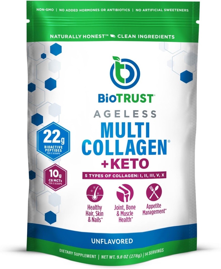 BioTrust Multi Collagen Protein Powder + Keto MCT Oil – 5 Types (I, II, III, V, X) & 100% Caprylic Acid C8 - Soutien Cétones élevées, métabolisme, articulations et beauté Tous dans 1 Collagène Poudre (non aromatisée)