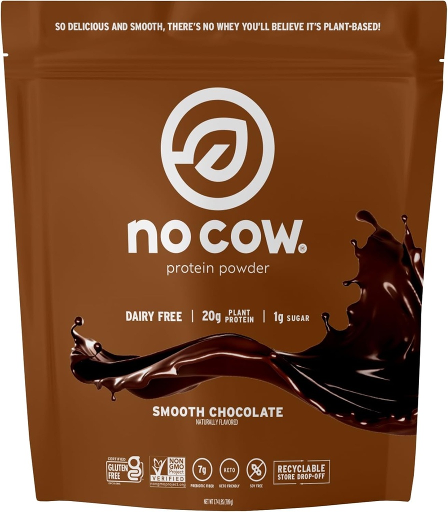 Pas de poudre de protéines végétaliennes de vache, chocolat, 20g de protéines végétales, sac recyclable, sans produits laitiers, sans soja, sans sucre ajouté, kéto amical, sans gluten, naturellement sucré, non OGM, casher, 1,74 livre