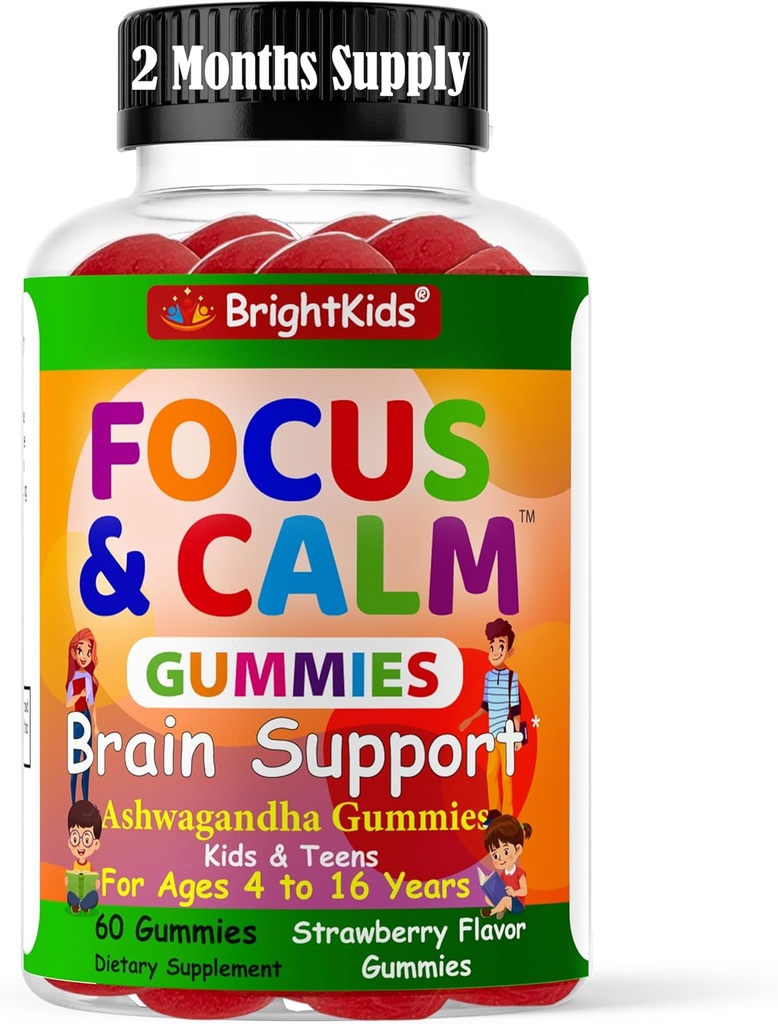 BrightKids Focus & Calme Gummies pour les enfants avec Ashwagandha – soutient l'attention, la concentration, la relaxation, l'humeur et l'énergie – supplément de stress naturel, saveur de baies savoureux, végétalien, 60 jours d'approvisionnement