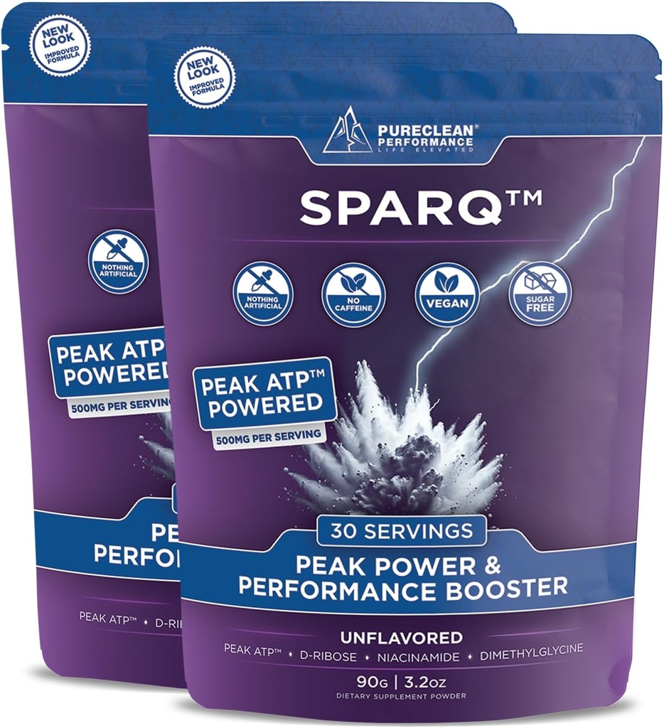 SPARQ Peak ATP Power & Performance Booster – 500mg ATP, D-Ribose, DMG & NAD+ – stimule la masse musculaire, l'énergie, l'endurance, la force et la récupération – Poudre de pré-entraînement sans caféine – 60 portions – non aromatisée