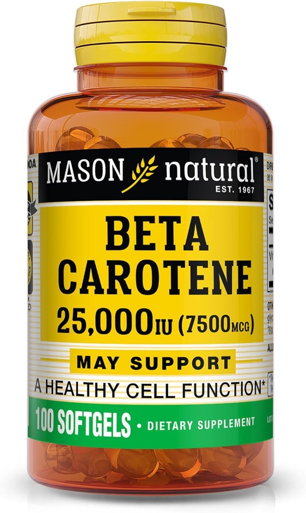 Mason Vitamine naturelle A bêta carotène 25 000 UI, soutient la vision, la fonction cellulaire et la santé immunitaire, 100 Softgels, pack de 3