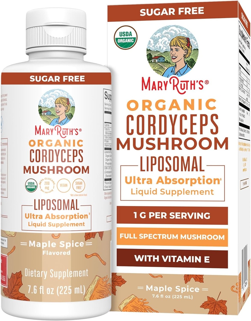 MaryRuth Organics Cordyceps Complément de Champignons Ultra Absorption Liposomale de Liposorption Full Spectrum Mushroom de 200mg Beta-Glucans par service