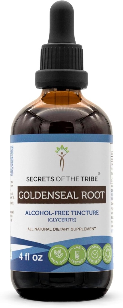 Secrets de l'extrait liquide sans alcool de Tribe Goldenseal (Hydrastis Canadensis) Supplément à la teinture des racines séchées (4 FL OZ)