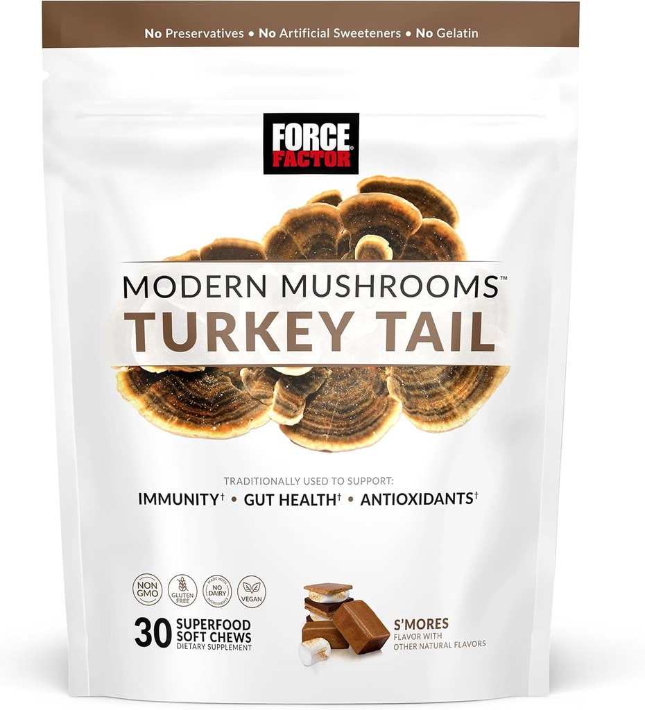 FACTEUR DE FORCE Champignons modernes Soft Chews, Turquie Tail Mushroom Supplément pour soutenir l'immunité, la santé digestive, et la vitalité, Supplément antioxydants, délicieux S-Mores Flavor, 30 Soft Chews