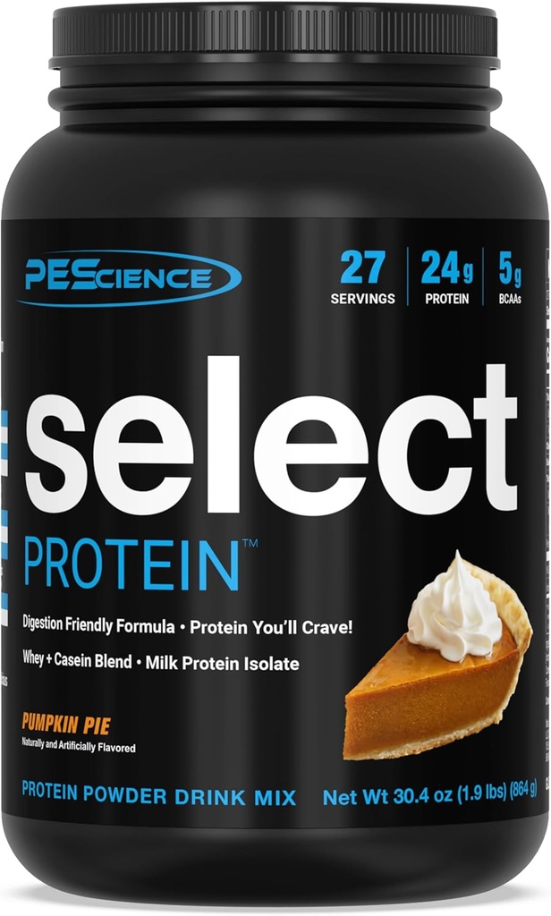 PEScience Select Poudre de protéines, mélange de lactosérum et de caséine, poudre de protéines propres pour les femmes et les hommes, faible teneur en calories, faible teneur en glucides, kéto, sans gluten - tarte à la citrouille, 27 portions
