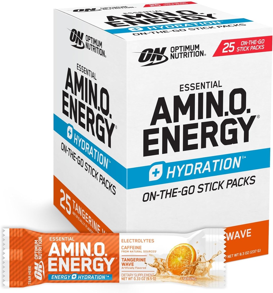Optimum Nutrition Amino Packs d'hydratation énergétique, Packs de poudre d'énergie en marche, Vague Tangerine, 25 Compte