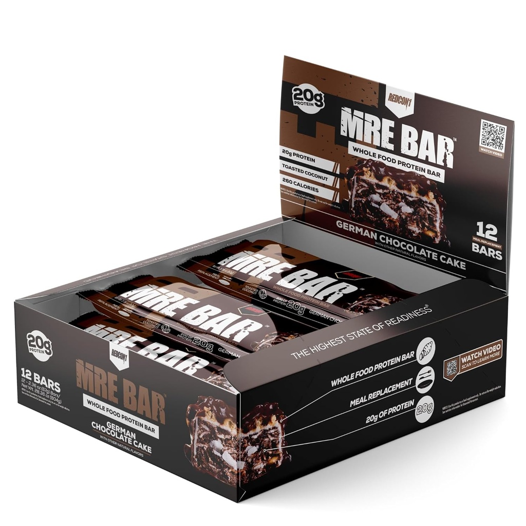 REDCON1 MRE Protein Bar, Cake au chocolat allemand - Contient de l'huile MCT + 20g de protéines alimentaires entières - Facilement digestible, Macro équilibré Barre de remplacement de repas à faible teneur en sucre (12 barres)