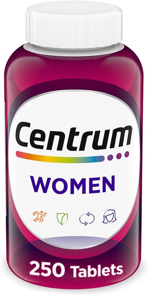 Multivitamine centrum pour les femmes, supplément multivitamine/multiminérale avec fer, vitamine D3, vitamine B et vitamines antioxydantes C et E, sans gluten, ingrédients non OGM - 250 Nombre