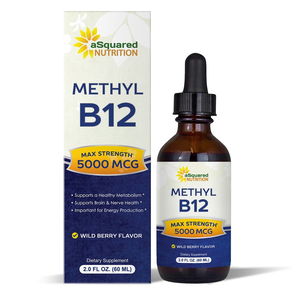 aSquared Nutrition Vitamine B12 gouttes liquides sublinguales - Supplément de 5000 MCG avec méthylcobalamine (méthyl B-12) - Absorption maximale B 12 pour augmenter l'énergie - Végétalien - 2 fl oz