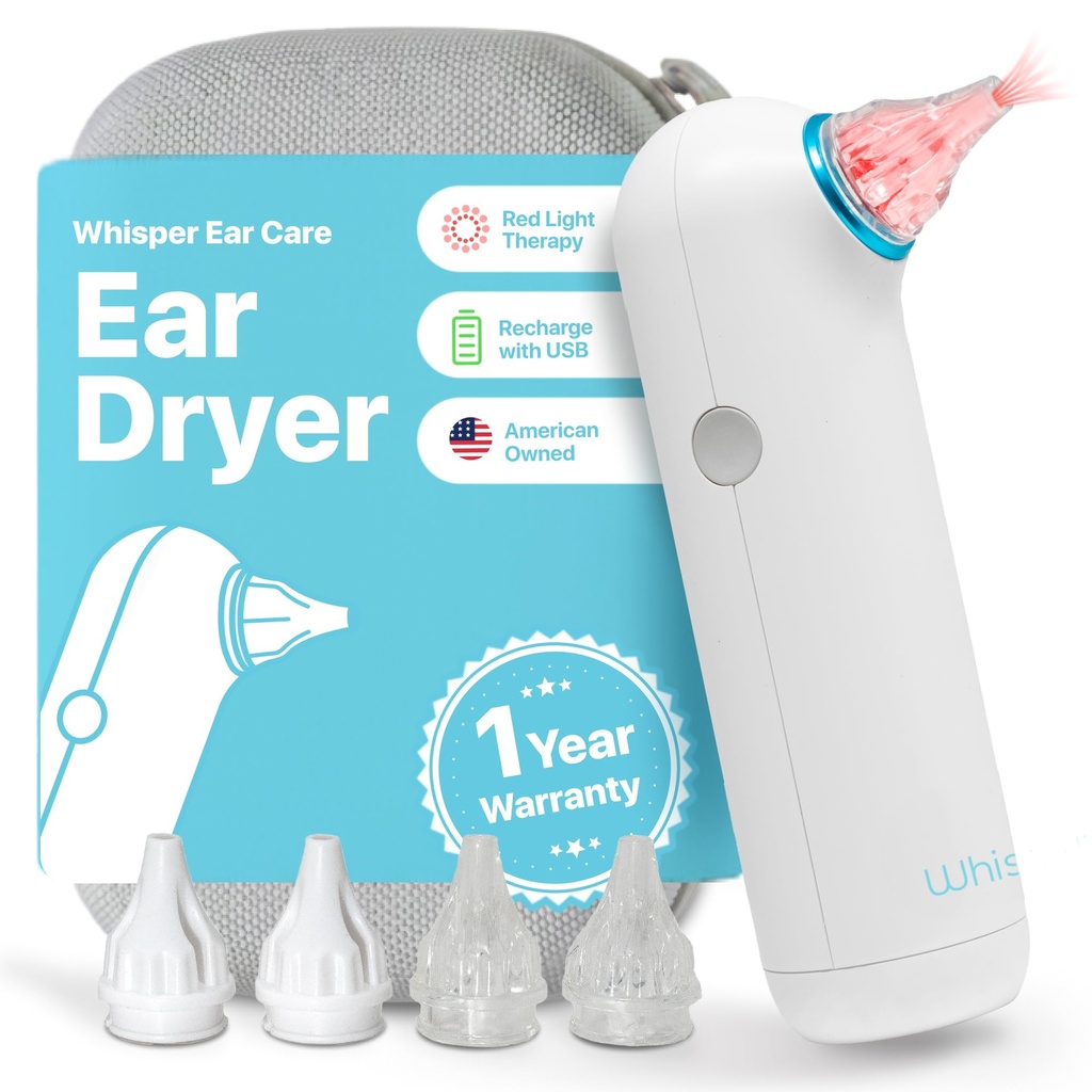 Séchoir d'oreille + Cas , USA , Garantie 1 an , Aide au séchage de l'eau d'oreille rechargeable avec la thérapie de lumière rouge livre de l'air chaud doux à l'oreille pour combattre les infections d'oreilles des plongeurs annoyants comme un détachant de liquide d'oreille