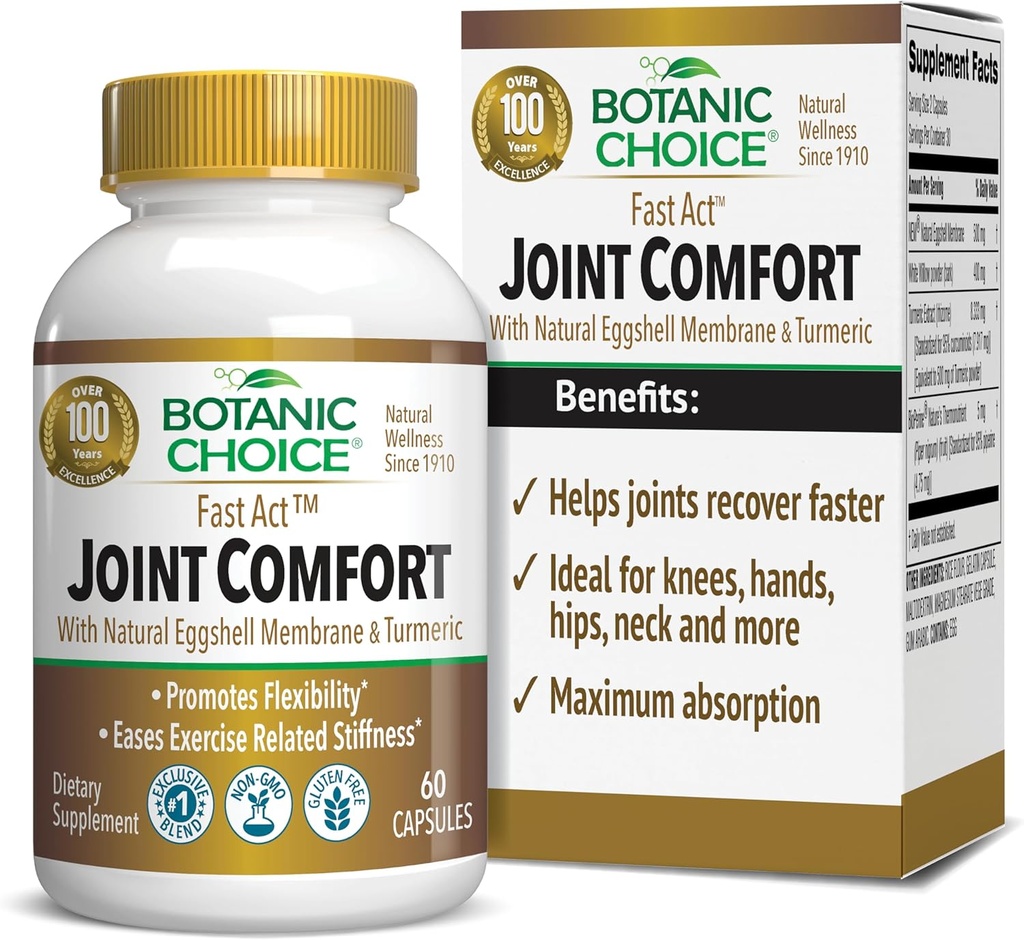 Botanic Choice Fast Act Confort articulaire avec NEM naturel Membrane de coquille d'oeuf, Curcumine curcumine, Bioperine, et l'écorce de saule blanc, soutient la santé articulaire, 60 500mg Capsules