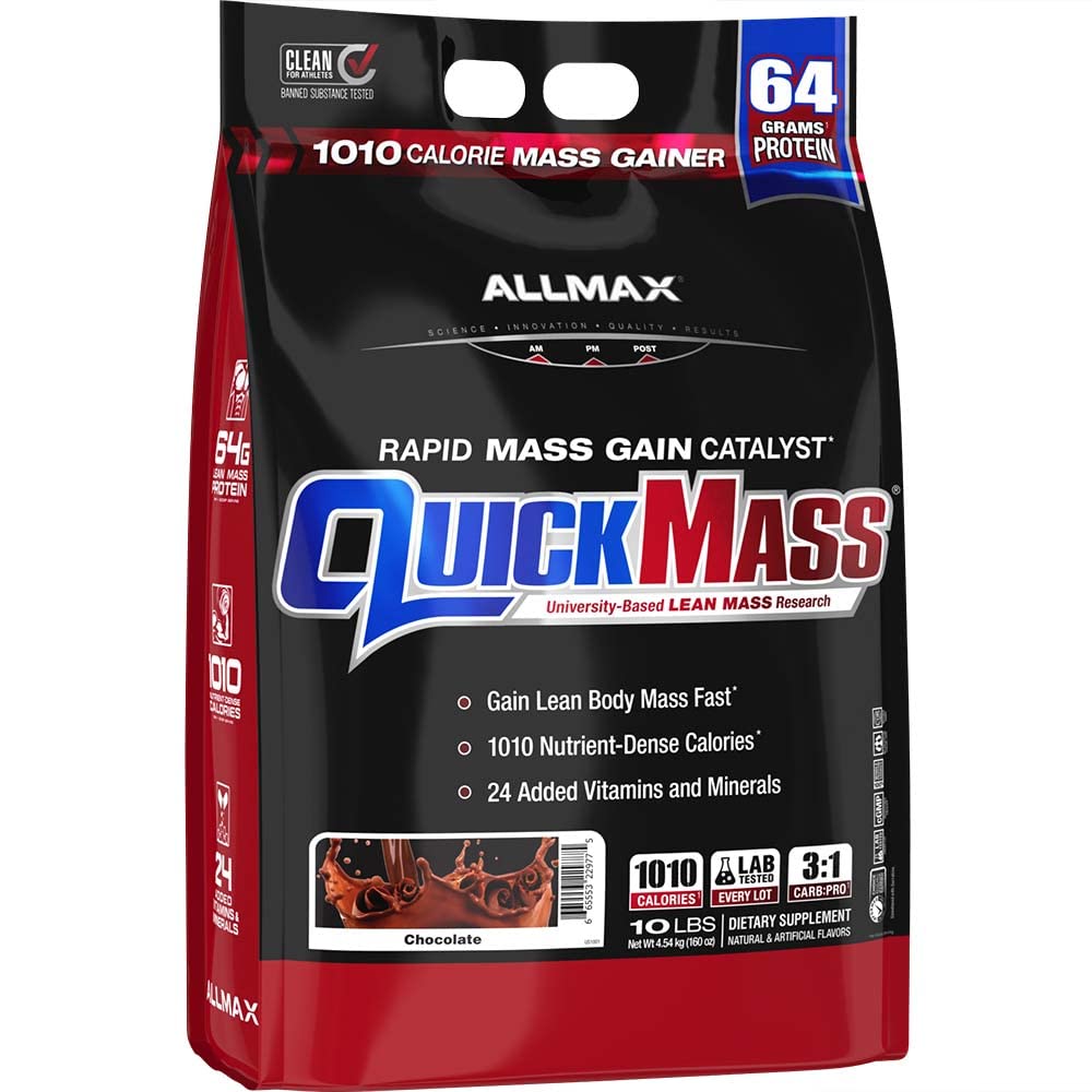 ALLMAX QUICKMASS, Chocolat - 10 lb - Catalyseur de gain de masse rapide - Jusqu'à 64 grammes de protéines par portion - 3:1 Rapport glucides/protéines - Zéro gras trans - Jusqu'à 70 portions