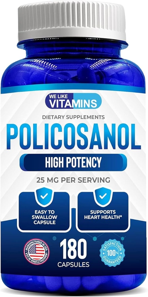 Nous aimons les vitamines Policosanol 25mg - 180 Capsules - Supplément Policosanol à partir de canne à sucre naturelle - Non-OGM et sans gluten