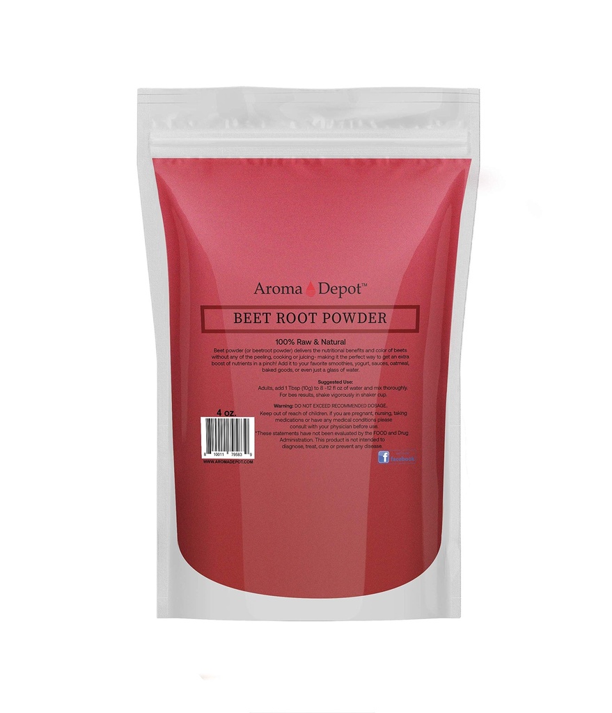 Poudre de racine de betterave 4oz par Aroma Depot Raw & Non-GMO I Vegan & Gluten Free I Nitric Oxide Booster I Boost Stimina et augmente l'énergie I I Imune System Booster I 100% Natural
