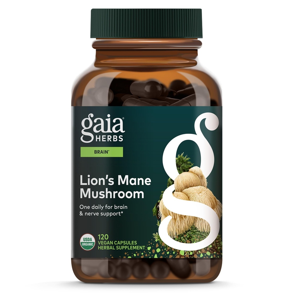 Gaia Herbs Lion's Mane Mushroom - Soutien de santé au cerveau et aux nerfs* - 120 capsules véganes (approvisionnement de 120 jours)