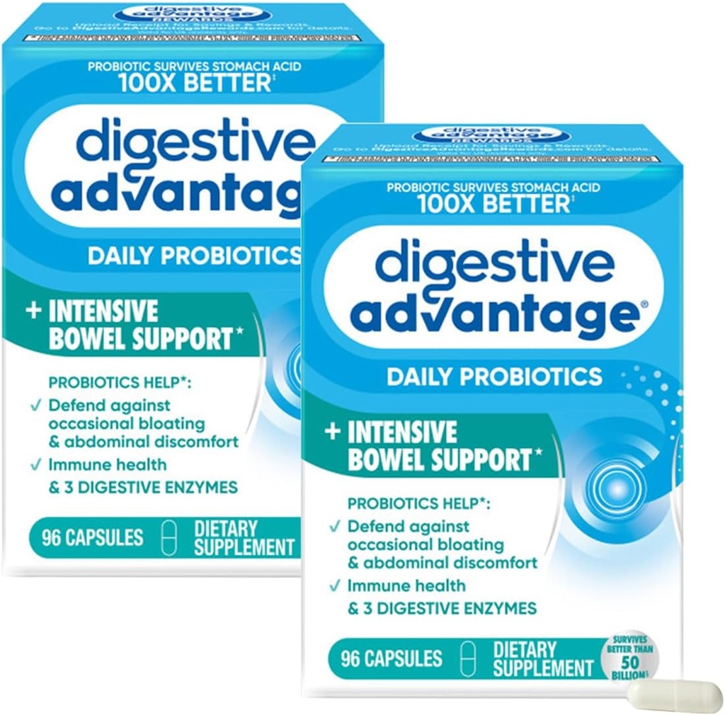 Digestive Advantage IBS Probiotics for Digestive Health & Intensive Bowel Support, for Women & Men with Digestive Enzymes, Support for Occasional Bloating & Gut Health, 96ct Capsules (2)