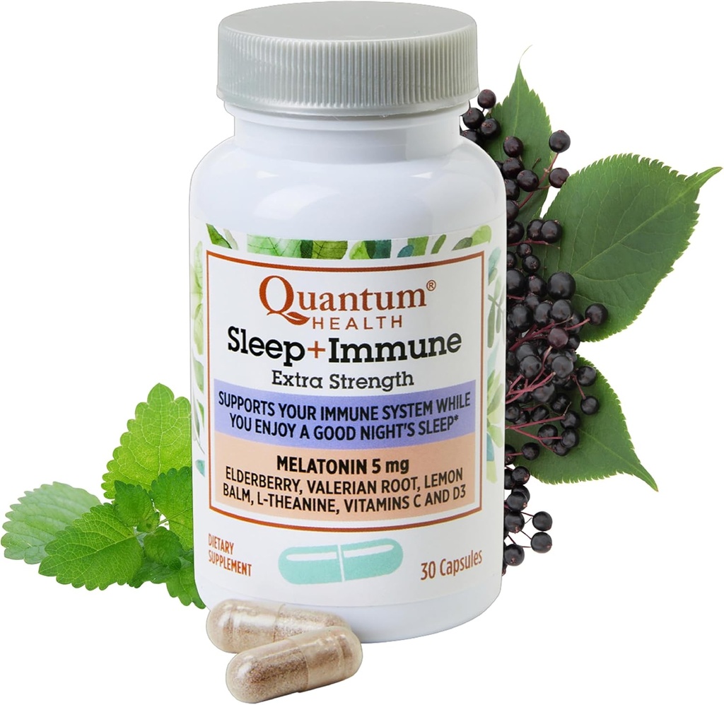 Quantum Health Sleep Immune Melatonin 5mg Supplément de soutien L Theanine Valerian Root + Elderberry Vitamine C & D Immunity Boost Daily Whole Body Wellness for Women & Men - 30 Capsules