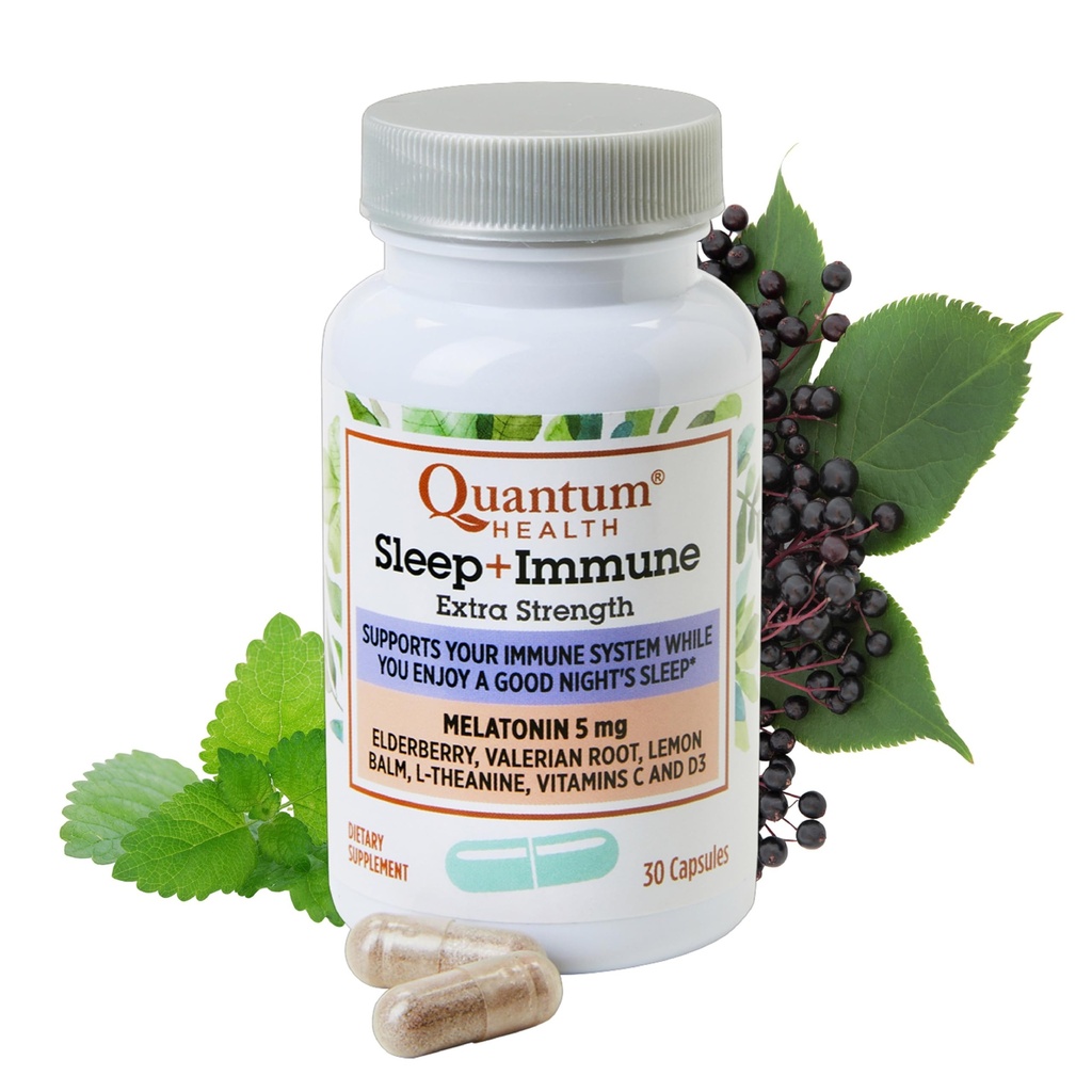 Quantum Health Sleep Immune Melatonin 5mg Supplément de soutien L Theanine Valerian Root + Elderberry Vitamine C & D Immunity Boost Daily Whole Body Wellness for Women & Men - 30 Capsules