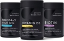 Recherche sportive Triple force Omega 3 Huile de poisson sans Burpless 1250mg de bouleau sauvage de l'Alaska, vitamine D3 5000 UI avec huile de noix de coco MCT (125mcg) et biotine végétalienne 5000mcg vitamine B7-30 Softgels Chaque