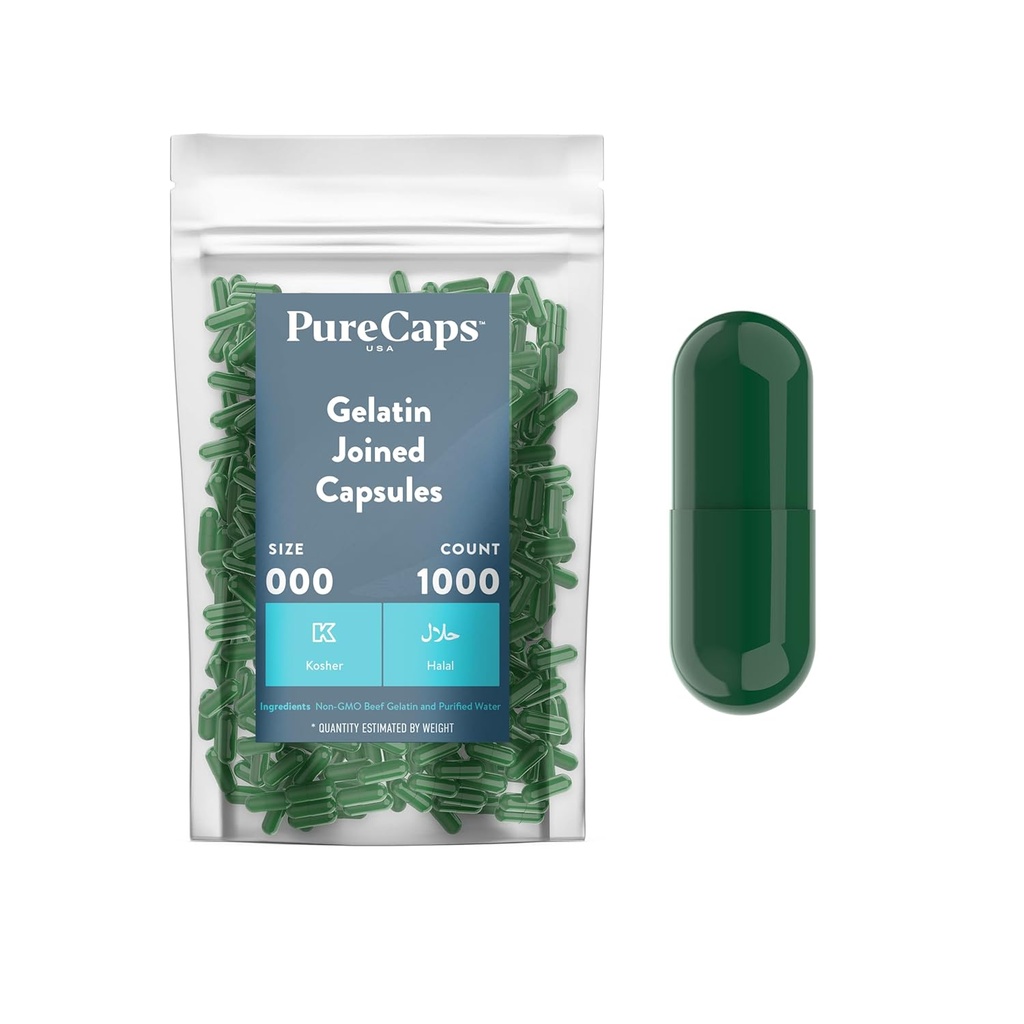 Purecaps États-Unis - Capsules de gélatine vide Taille 000,000 $ 1000 Pills rejoints Green, non certifié OGM SLS, sans gluten, sans conservateur