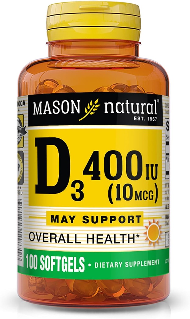 MASON Vitamine naturelle D3 10 mcg (400 UI) - Soutient la santé globale, renforce les os et les muscles, 100 softgels