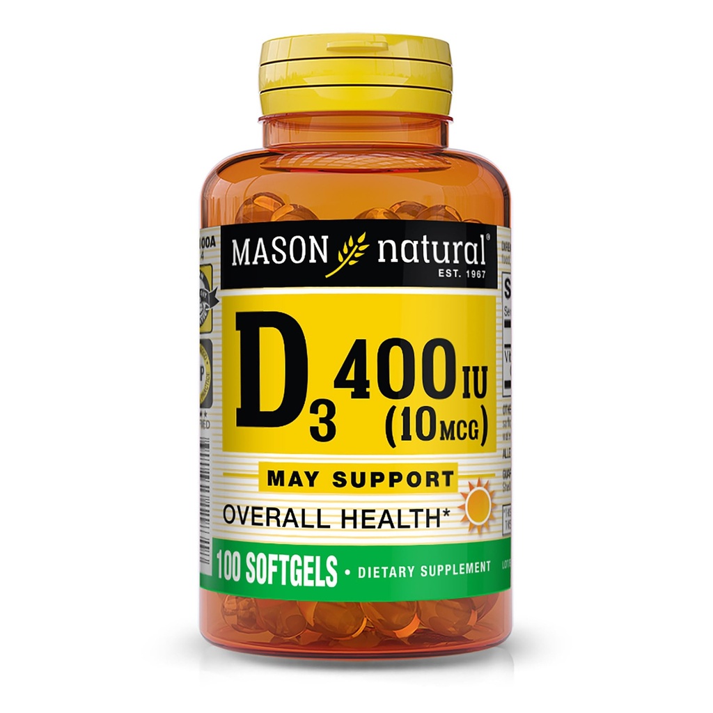 MASON Vitamine naturelle D3 10 mcg (400 UI) - Soutient la santé globale, renforce les os et les muscles, 100 softgels