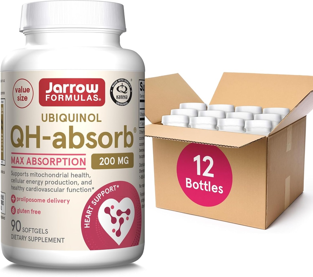 Jarrow Formulas QH-Absorb Ubiquinol 200 mg, Dietary Supplement, Support for Mitochondrial Health and Healthy Cardiovascular Function, 90 Softgels, Up to a 90 Day Supply(Pack of 12)