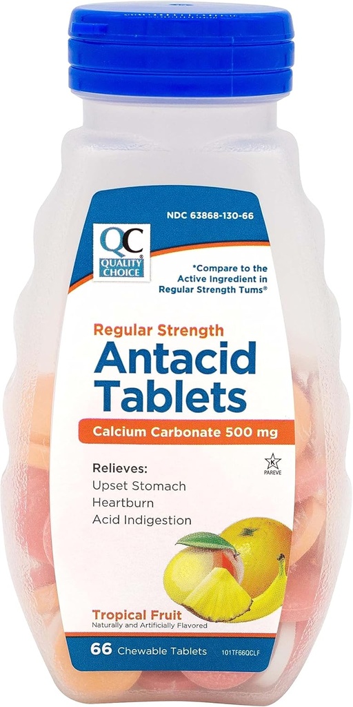 Quality Choice, Tropical Fruit Flavored Regular Strength Calcium Carbonate 500mg, Chewable Antacid Tablets, 66 Count, Heartburn and Acid Indigestion.