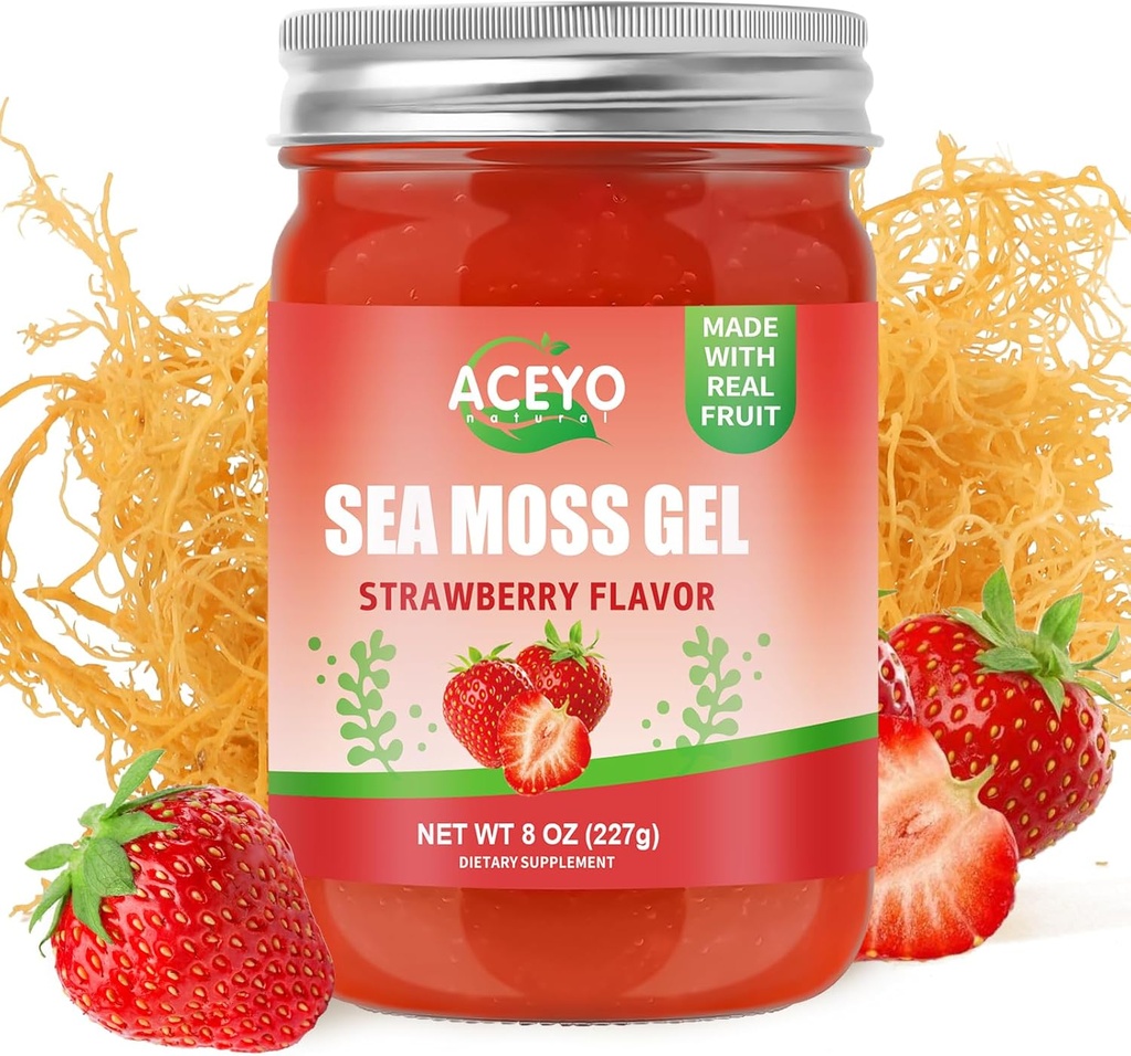 (8 OZ) Gel de mousse de mer naturel Fraise crue Saveur de fraise Irlandaise Seamoss Gel Vegan Femmes Hommes 102 Vitamines et Minéraux Sauvages récoltés non OGM Immune Defense Booster Lung Thyroïde Soutien digestif