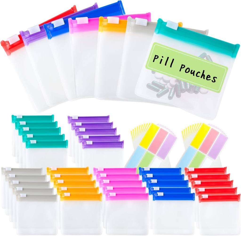 Sacs de poche à pilules Réutilisables Pochettes à pilules avec étiquettes Set de 35 Pcs Sacs à pilules de médecine quotidienne Organisateur Petit sac à pilules de médecine Self Seal Pill Packets with Slide Lock (7 Couleurs)