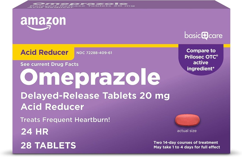 Soins de base Omeprazole Comprimés à libération différée 20 mg, traite les brûlures d'estomac fréquentes, réducteur d'acide, médecine des brûlures d'estomac, 28 Compte (Emballage peut varier)