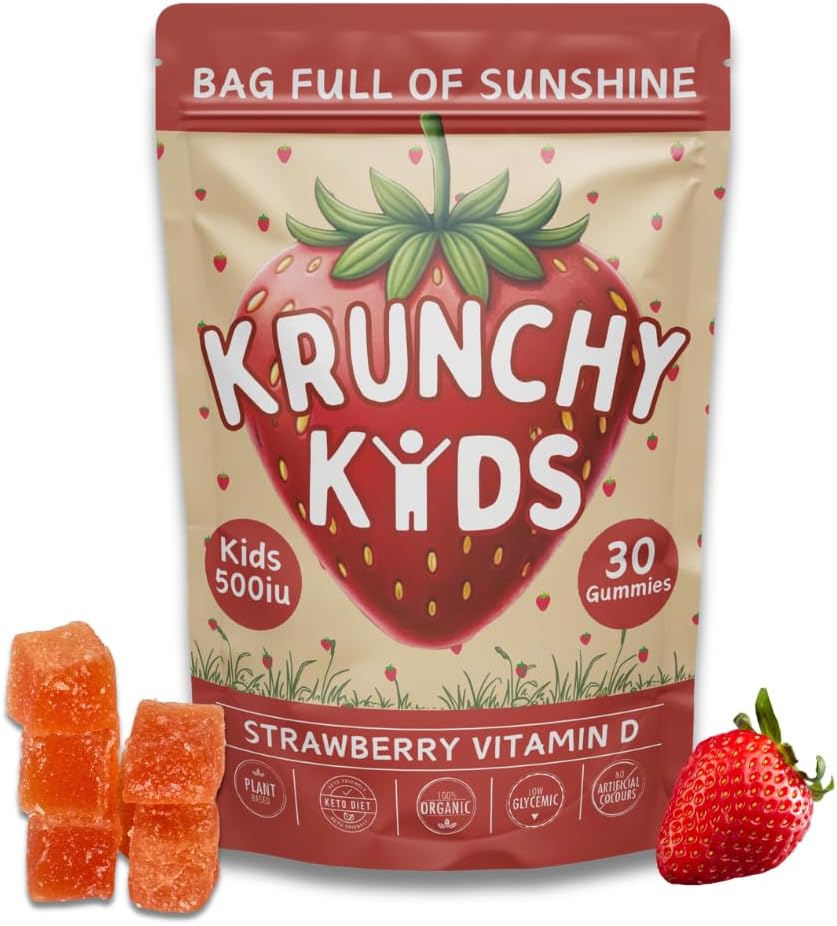 500IU Vitamine D3 Gommies - biologique, végétale, sans sucre , Fraise réelle, allulose, MCT-huile, Agave , soutient les os, l'immunité, l'humeur et le sommeil