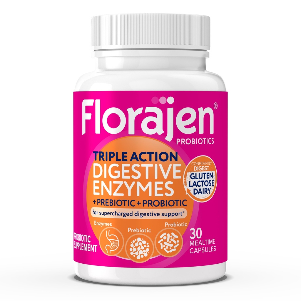 Florajen Enzymes digestifs avec probiotiques et prébiotiques - Formule triple-action pour la santé des Guts, Bloating, & Gas Relief - Soutient la digestion du gluten et des produits laitiers - Propre, non-OGM - 30-Conte