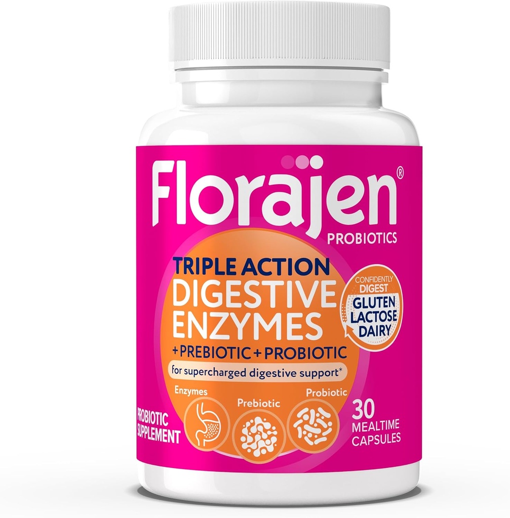 Florajen Enzymes digestifs avec probiotiques et prébiotiques - Formule triple-action pour la santé des Guts, Bloating, & Gas Relief - Soutient la digestion du gluten et des produits laitiers - Propre, non-OGM - 30-Conte