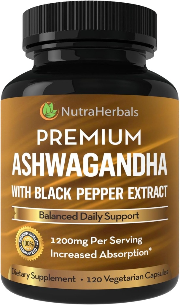 Supplément Ashwagandha fait avec la poudre de racine Premium Ashwaganda 1200mg avec extrait de poivre noir pour l'absorption accrue - 120 capsules Vegi