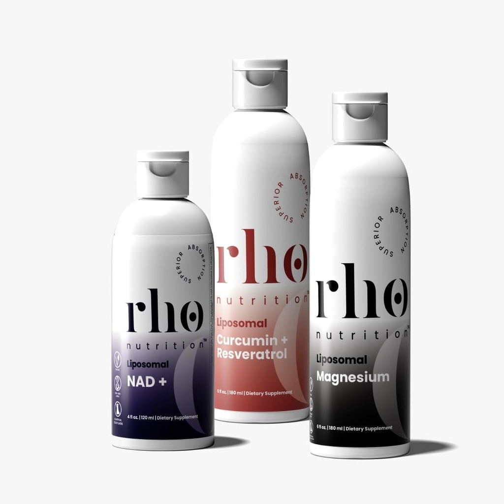 Rho Daily Essentials Wellness Bundle - Start Your Day, Recover in the Afternoon, and Decompress at Night with High Absorption Liposomal Supplements – NAD+, Curcumin + Resveratrol, & Magnesium (3 Pack)