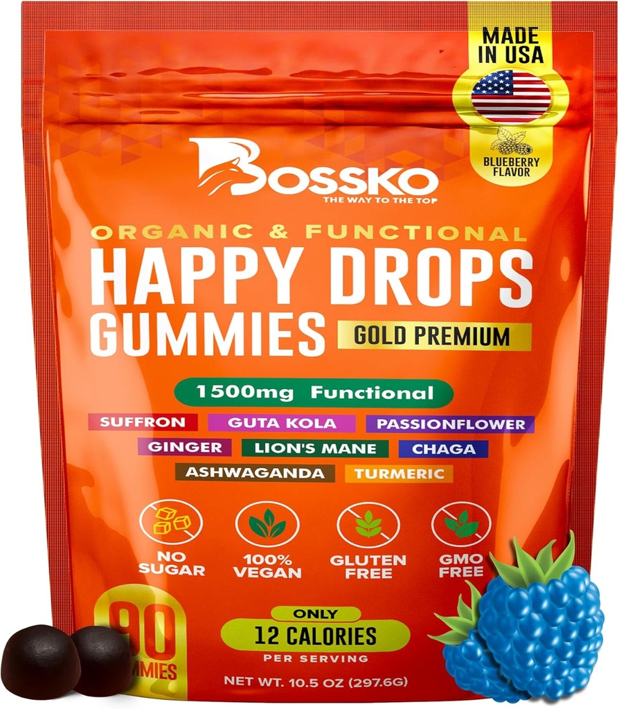 Bonnes gouttes – Gummies quotidiennes Superfood pour l'humeur Support, Focus et l'énergie – Sans sucre, Vegan, Blueberry Flavor – 90 Gummies pour adultes – Soutien quotidien pour l'humeur, Focus et l'énergie naturelle