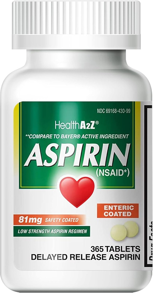 SantéA2Z® Aspirine 81 mg , faible résistance , enrobé entérique , soulagement de la douleur , réduit les douleurs musculaires mineures et les crampes , réducteur de fièvre , réduit les maux de tête (365 comtes)