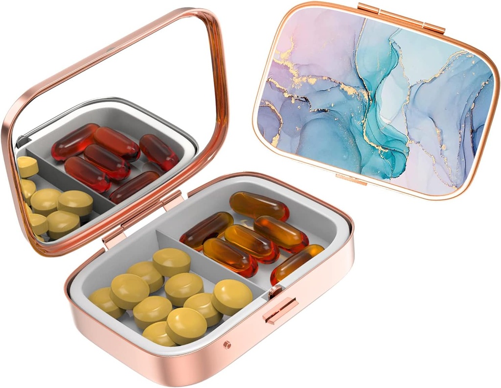 Mignon petite coque à pilules pour les poches et les purs, élégante boîte à pilules fait un grand cadeau, 2 Compartiment médecine de voyage Organisateur magasins Progestérone, pilules de capsule, Ibuprofène, Vitamines-Rose Gold Couleur Rendu