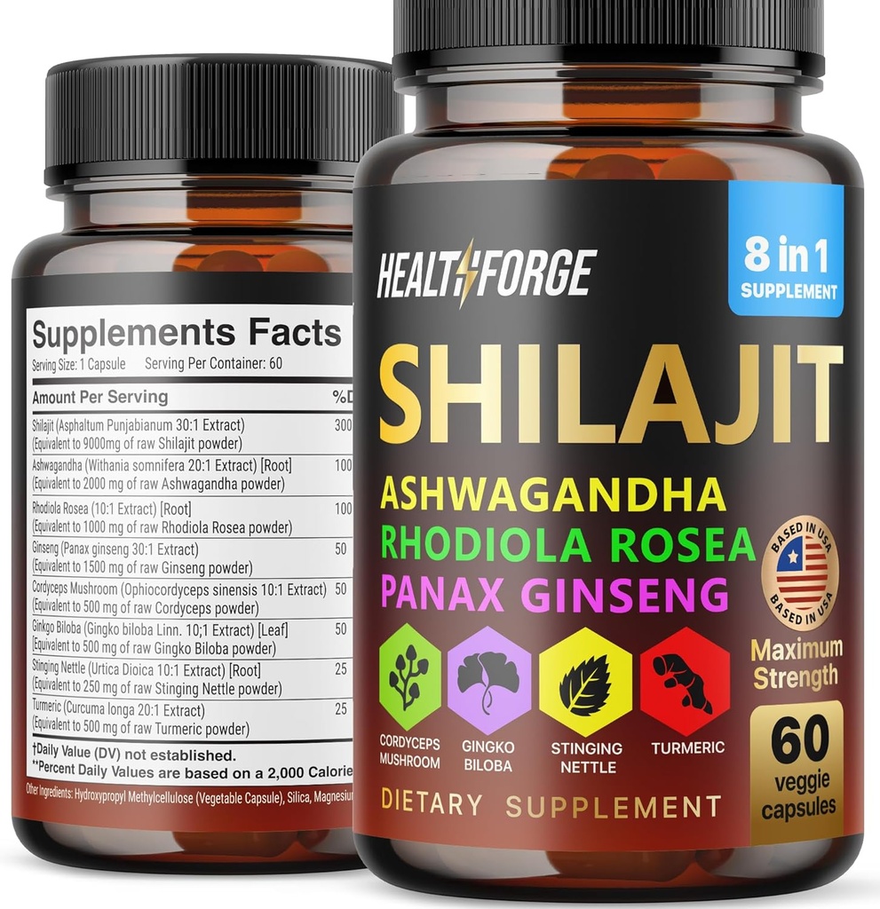 Capsules Shilajit Mélange d'extrait biologique 60 Capsules pour hommes et femmes - Supplément Shilajit 9000mg Ashwagandha, Supplément de soutien immunitaire 2000mg Supplément Rhodiola, Ginko Ginkgo Biloba
