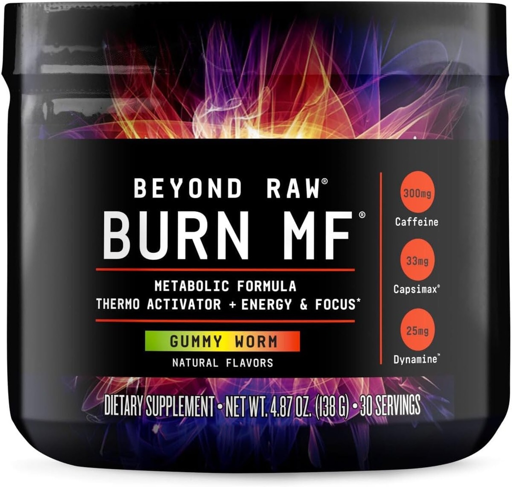 BEYOND RAW Burn MF, Formule métabolique, Thermo Activator, supporte l'énergie et le focus, Gummy Worm, 30 services