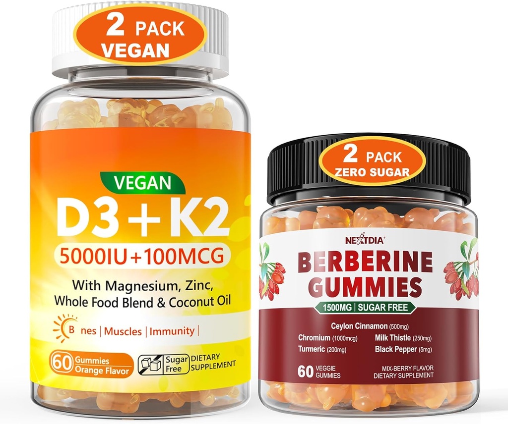 2Pack Vitamine végétalienne D3 5000IU K2 Gummies+ 2Pack Berberine Supplément 1500mg Gummies